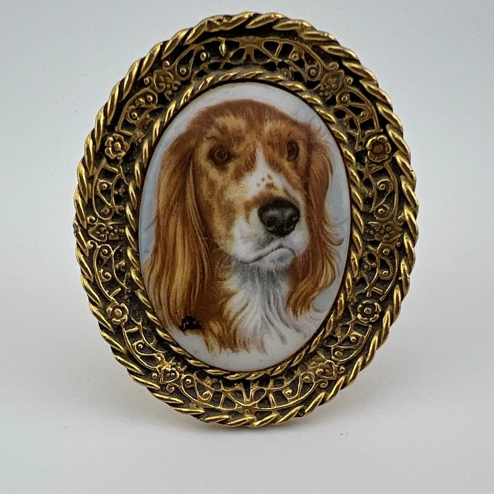 Vintage Mini Dog Portrait Picture Frame Gold Tone Oval Spaniel Cameo 2
